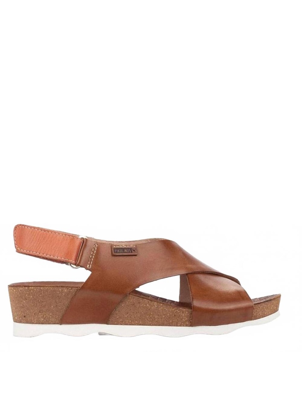 PIKOLINOS Tan Brown Leather Cross-Strap Cork Wedge Sandals